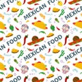 Flat endless seamless pattern on the theme of Mexican food Red and green hot chili Pepper and sombrero on a white background Royalty Free Stock Photo