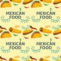 Flat endless seamless pattern on the theme of Mexican food Tortilla taco and burrito with red and green hot chili pepper on a Royalty Free Stock Photo