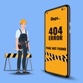 Flat error 404 sign layout yellow screen on mobile phone. The builder standing near a large cell phone and show Website 404 page Royalty Free Stock Photo