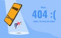 Flat error 404 sign layout yellow screen on a mobile phone with a man floating in the air and text show Website 404 page beside. Royalty Free Stock Photo