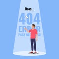 Flat error 404 sign layout yellow screen on a mobile phone. The man standing near a floating cell phone and text show Website 404