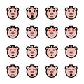 Flat face pig emoticons set