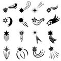 Flat falling stars icons, comet logo designs. Magic star fall with sparkle trail. Abstract galaxy meteor with tail