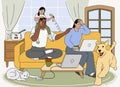 Flat tired family with child and pets in stress and multitasking