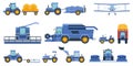 Flat farm machinery, agricultural field equipment, combines and tractors. Industrial harvester, truck, plowing and mower
