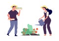 Flat farmers. Agricultural workers, fruits vegetables family farm. Isolated man with wood boxes. Woman watering plants