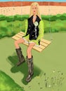 Flat fashion illustration of cartoon long hair blondie college student girl, sitting in the garden Royalty Free Stock Photo