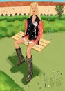 flat fashion illustration of a long hair blondie fashionista girl, sitting in a castle park Royalty Free Stock Photo