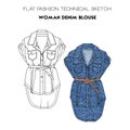 Flat fashion technical sketch - woman denim blouse