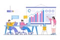 Flat female coach explaining statistics, graph, company, analysis to her partners concept. Outline design style minimal vector