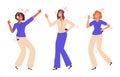 Flat female dancers. Women moving to music, people dancing and enjoying music party flat vector illustration set