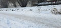 A flat field covered with deep snow and a person\'s footprints Royalty Free Stock Photo