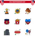 Flat Filled Line Pack of 9 USA Independence Day Symbols of american; food; cowboy; fast; american