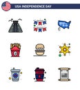 Flat Filled Line Pack of 9 USA Independence Day Symbols of burger; food; garland; fastfood; usa