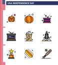 Flat Filled Line Pack of 9 USA Independence Day Symbols of launcher; holiday; drum; drink; cake