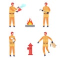 Flat fireman worker in uniform. Professional workers rescuing cat, putting out flame, carrying hose and axe Royalty Free Stock Photo