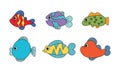 Flat fish set icon isolate white. The colorful inhabitants of the ocean are fish of different shapes. Collection of sea underwater Royalty Free Stock Photo