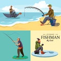 Flat fisherman hat sits on shore with fishing rod in hand and catches bucket and net, Fishman crocheted spin into the