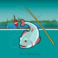 Flat fishing background with fishing rod and fish on river