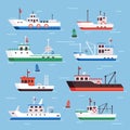 Flat fishing boats. Commercial fishery ships, seafood industry ship and fisher boat vector collection