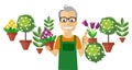 Flat Florist. Colorful Flowers and Little Trees on Background.