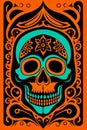 flat Flyer, Flyer flat 2D image of a skull surrounded by mexican ornamental elements such as mates, flowers, garlands of lights