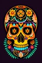 flat Flyer, Flyer flat 2D image of a skull surrounded by mexican ornamental elements such as mates, flowers, garlands of lights