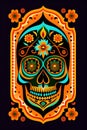 flat Flyer, Flyer flat 2D image of a skull surrounded by mexican ornamental elements such as mates, flowers, garlands of lights