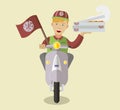 Flat food-deliveryboy on a scooter with boxes of pizza Royalty Free Stock Photo