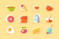 Flat food icon set with egg, milk, donut, chinese noodles, ice cream, cocktail, jam, steak. Royalty Free Stock Photo