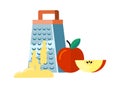 Flat food preparation. Apple chopping, fruit and grater. Fresh garden product grinding, seasonal vitamins cooking vector