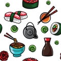 Flat food seamless pattern with asian snacks, tea, noodles and Sushi rolls traditional seaweed