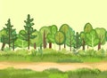 Flat forest. Horizontal seamless composition. Cartoon style. Road. Funny green rural landscape. Level the game. Comic Royalty Free Stock Photo