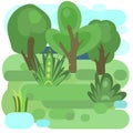 Flat forest. Illustration in a simple symbolic style. Funny green landscape. Isolated. Meadow. Comic cartoon design