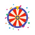 Flat Fortune wheel for Gambling game. Raffle prizes. Random choice wheel logo. Round colorful lottery, casino symbol