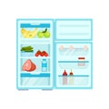 Flat fridge full of food. Fresh fruits and vegetables, pork and milk. Eggs, bottles and glass jar on door Royalty Free Stock Photo