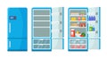 Flat fridge vector. Closed and open empty refrigerator. Blue fridge with healthy food, water, meet, vegetables Royalty Free Stock Photo
