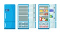 Flat fridge vector. Closed and open empty refrigerator. Blue fridge with healthy food, water, meet, vegetables