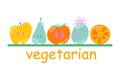 Flat fruits in cartoon style with doodles. Vegetarian, vegan. Vector illustration Royalty Free Stock Photo