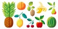 Flat fruits collection. Fruit clipart, sweets citrus, banana and pineapple. Lemon and orange design. Modern abstract