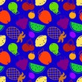 Flat fruits seamless pattern. Vector flat Illustrations of watermelon, banana, cherry, apple, strawberries,orange, kiwi Royalty Free Stock Photo