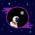 Flat Funny astronaut in space with stars and moon around