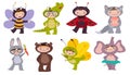 Flat funny children wearing carnival animal costumes on fun party Royalty Free Stock Photo