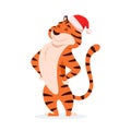 Flat funny tiger in Santa hat isolated on white. Royalty Free Stock Photo