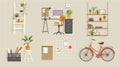 Flat furnishings modern design vector interior items set, furniture, creative office room workspace Royalty Free Stock Photo