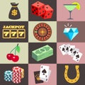 Flat gambling, casino, money, win, jackpot, luck vector icons