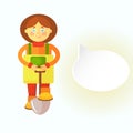 A flat gardener girl in yellow apron greets you. Displaced cloud for dialog . Royalty Free Stock Photo