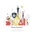 Flat geometric line art illustration of money protection, financial saving insurance, safe business economy