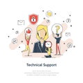 Flat geometric line art illustration of Technical Support concept. Customer service, call center, 24h all the time customer