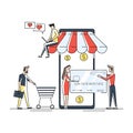 Flat geometric linear illustration of Online payment concept. Linear package sell, paying on screen purchase now discount. Flat Royalty Free Stock Photo